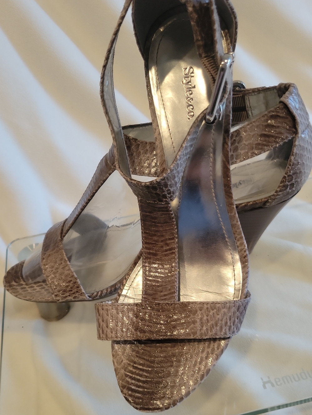Style & Co. Taupe Snake-Embossed T-Strap Heels Sz 8.5 M.